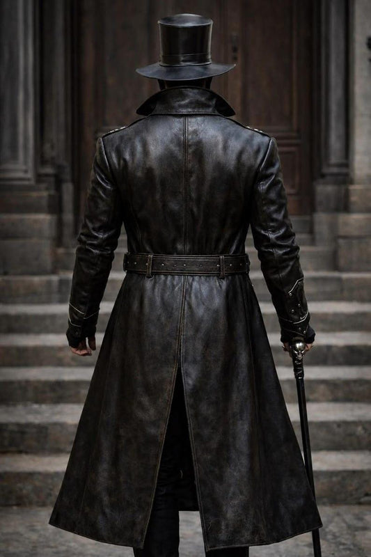 Men's Black Victorian Steampunk Leather Trench Coat - product view 2