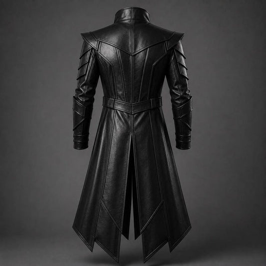 Men's Nightfall Panelled Gothic Leather Coat - back view