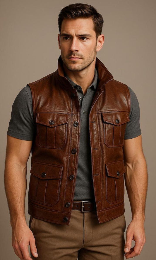 Men's Range Four-Pocket Stand-Collar Leather Vest - product view 1