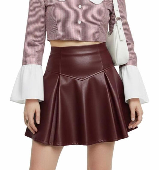 Women's Merlot Pleated Leather Mini Skirt - product view 1