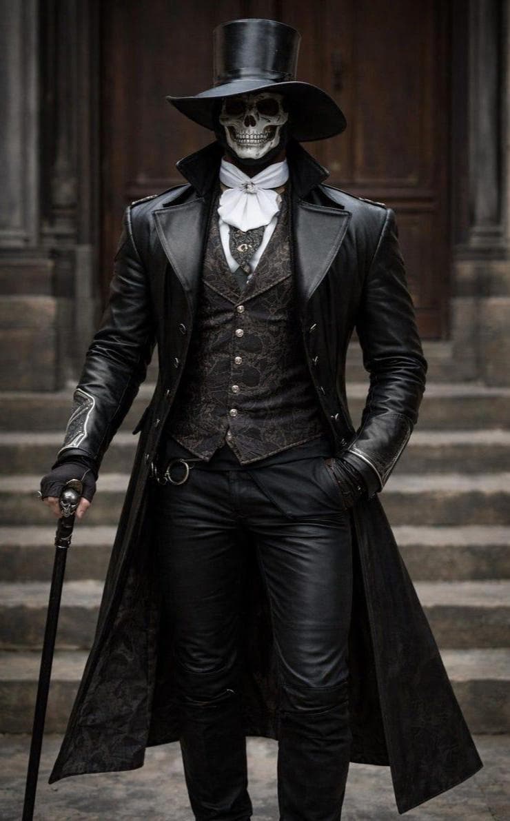 Men's Black Victorian Steampunk Leather Trench Coat - front view
