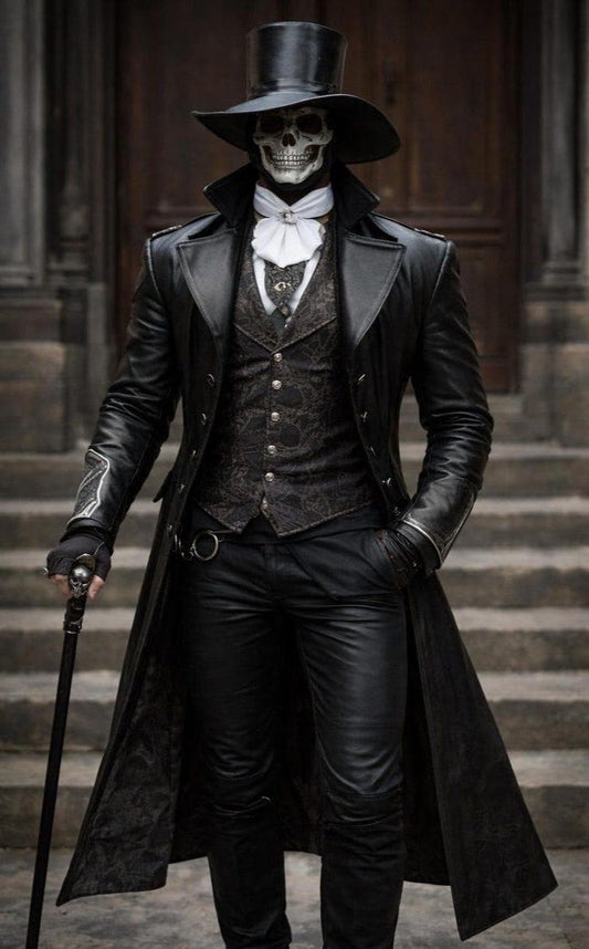 Men's Black Victorian Steampunk Leather Trench Coat - product view 1