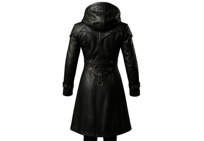 Men's Raven Hooded Buckle Leather Trench Coat - back view