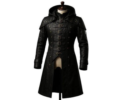 Men's Raven Hooded Buckle Leather Trench Coat - front view