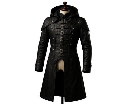 Men's Raven Hooded Buckle Leather Trench Coat - product view 1