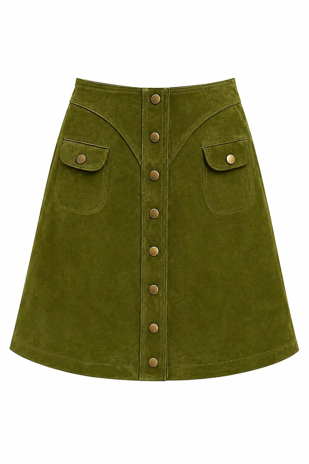Women's Olive Suede Button-Front A-Line Mini Skirt - product view 3