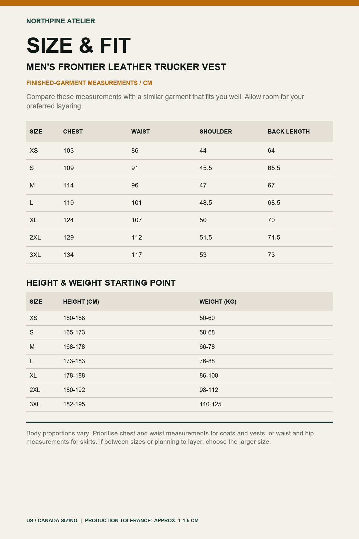 Men's Frontier Leather Trucker Vest - size and fit guide