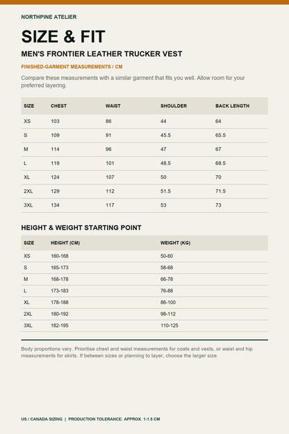 Men's Frontier Leather Trucker Vest - size and fit guide